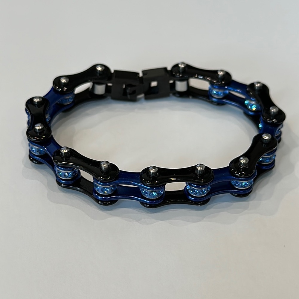 Black and Blue Bike Chain Bracelet with Blue Stones